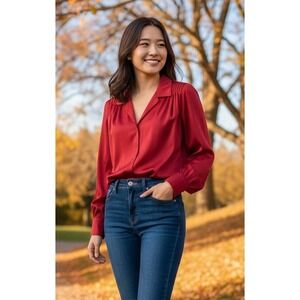 Liz Baker Women's Button Up Long Sleeve Collared Shirt Size 18W Red Christmas